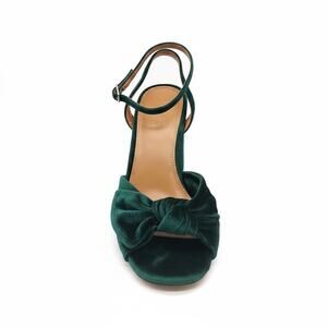 J. Crew Green Velvet Knotted Peep Toe Sandal Ankle Tie Block Heels Size 10